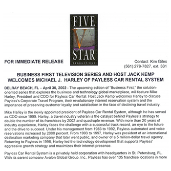 Press Release - Five Star Business First TV Series - Interviewed by Jack Kemp